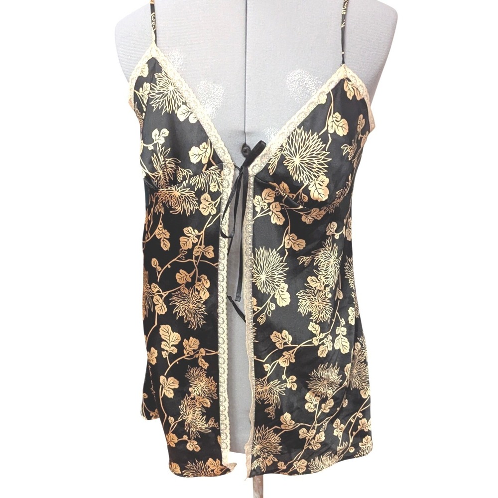 Victorias Secret Black Gold‎ Floral Lace Trim Coverup Medium M Chemise tie front